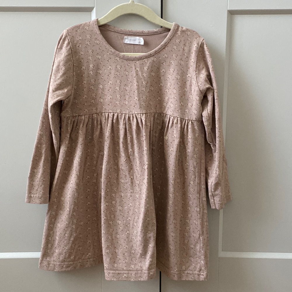 Jamie Kay 4T Prairie Dress - Pale Pink w/ Cream & Brown Floral print